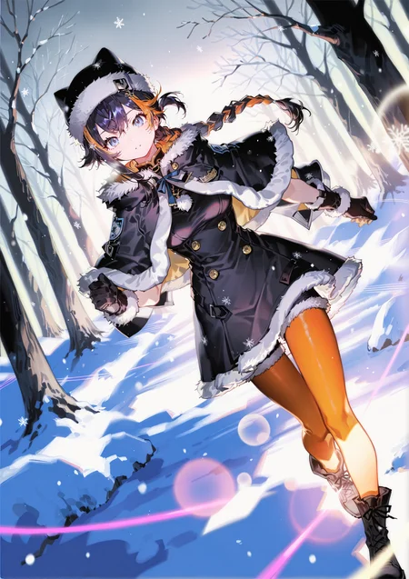 zPDXL3 Real score_9, score_8_up, score_7_up, score_6_up source_anime, highly detailed, sharp, intricate details, rating_safe rating_sensitive, rating_explicit, masterpiece, best quality, good quality, bright eyes light particles lens flare amazing quality, very aesthetic, very awa, absurdres, newest,
<lora:yoneyamaiXLNBVP1lokrV6311PZ:0.5>, <lora:reiXL_ANI31_lokr_V4312:0.5>
<lora:nhl-001:0.4> nhl-001 film grain multicolored background  <lora:ponyv4_noob1_2_adamW:0.4>
medium breasts, dynamic pose, dynamic angle,
optical illusion, ssambatea, quasarcake, Fishine, arutera, soresaki, reoen, sanbonzakura, askzy, negative space, see-through, made of, neon light, detailed background,
long hair braid ponytail
niji-petra,medium breastas,blue eyes,black hair,orange hair,multicolored hair,streaked hair,ornament,
fur-trimmed capelet, fur-trimmed dress, fur-trimmed gloves, fur-trimmed headwear, fur-trimmed jacket, fur-trimmed shorts, outdoors, forest, snowflakes, gray sky, bare tree, snow, tights
 <lora:niji-petra:0.7>
