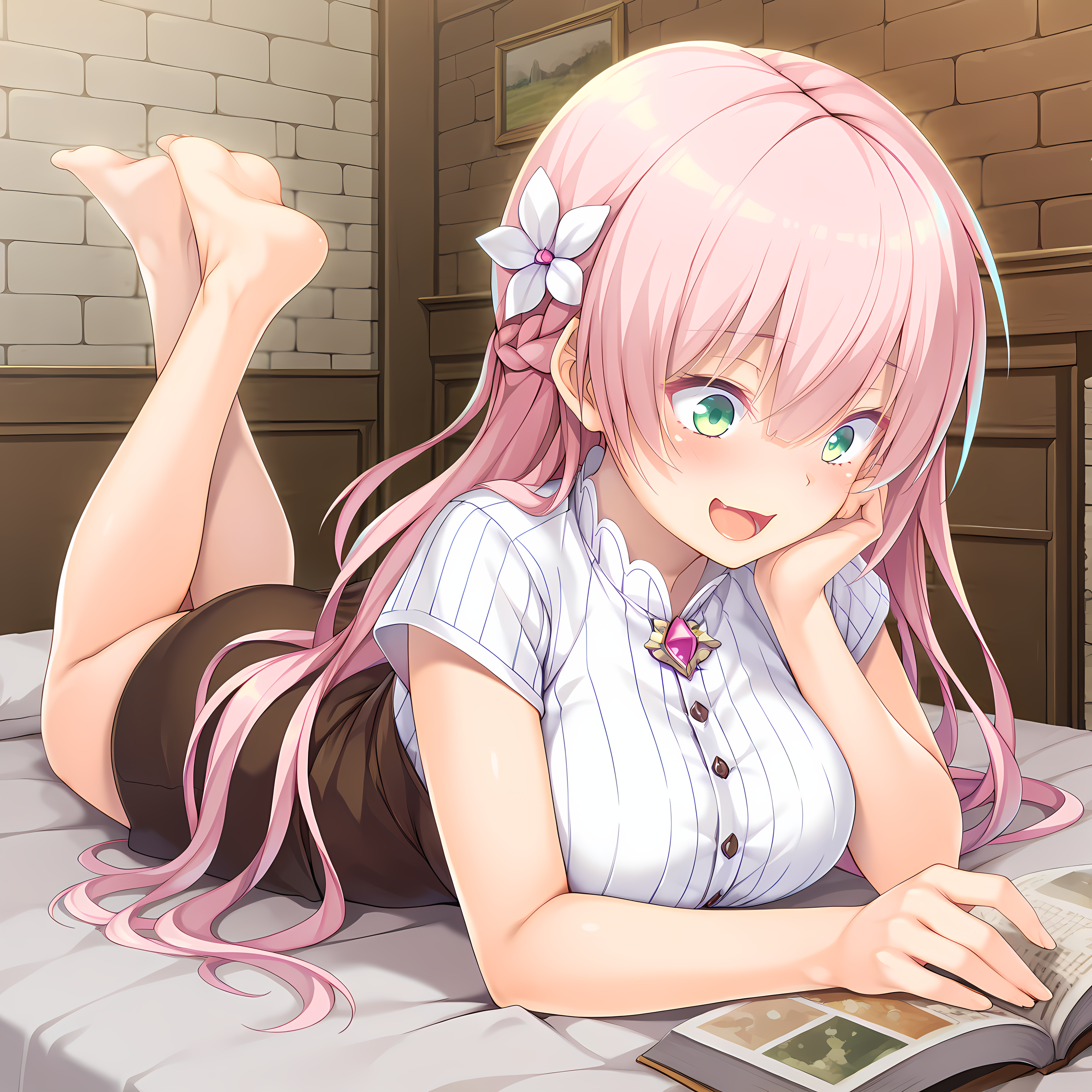 <lora:Terese_Elminaãã¬ãµã¨ã«ããã¢_-_Escude_-_Hime_to_Aiyoku_no_Sacrifice:0.9>,solo,terese,casual outfit,pink hair,long hair,braid,green eyes,hair between eyes,bangs,hair flower,large breasts,indoors,on bed,reading,book,on stomach,legs up,barefoot,laughing,, masterpiece,best quality,amazing quality, very aesthetic, absurdres,detailed eyes,ultra-detailed,