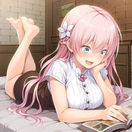 <lora:Terese_Elminaãã¬ãµã¨ã«ããã¢_-_Escude_-_Hime_to_Aiyoku_no_Sacrifice:0.9>,solo,terese,casual outfit,pink hair,long hair,braid,green eyes,hair between eyes,bangs,hair flower,large breasts,indoors,on bed,reading,book,on stomach,legs up,barefoot,laughing,, masterpiece,best quality,amazing quality, very aesthetic, absurdres,detailed eyes,ultra-detailed,