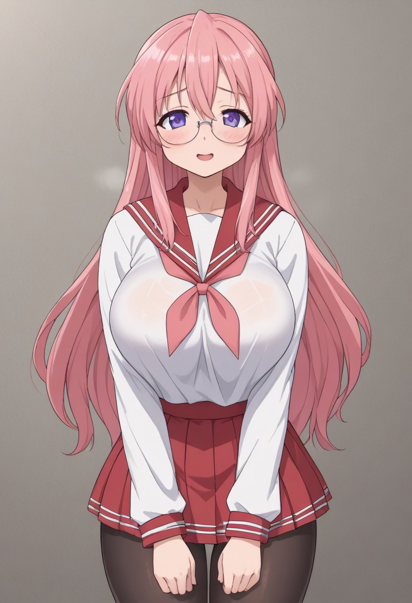 indoor, midnight, Health room, 
8k, super high vision:, intricate details, Super high quality, Super high resolution, masterpiece, full color, 
anime art, animation, 
beautiful breasts, huge breasts, 
super cute girl, super cute face, narrow waist, 
sweat, shiny skin, wet hair, wet body, droplet, 
looking at you sexually, sexually excited state, heterosexual, gonzo, 
smug, open your mouth, sigh, long breath, blush, bitch, 
standing, 
sailor collar, uniform, red skirt, pink neckerchief, mini skirt, black pantyhose, 
tiny hips, hips, thigh, 
miyuki takara, long hair, purple eyes, pink hair, glasses, cowboy shot, cowboy shot, cowboy shot,
