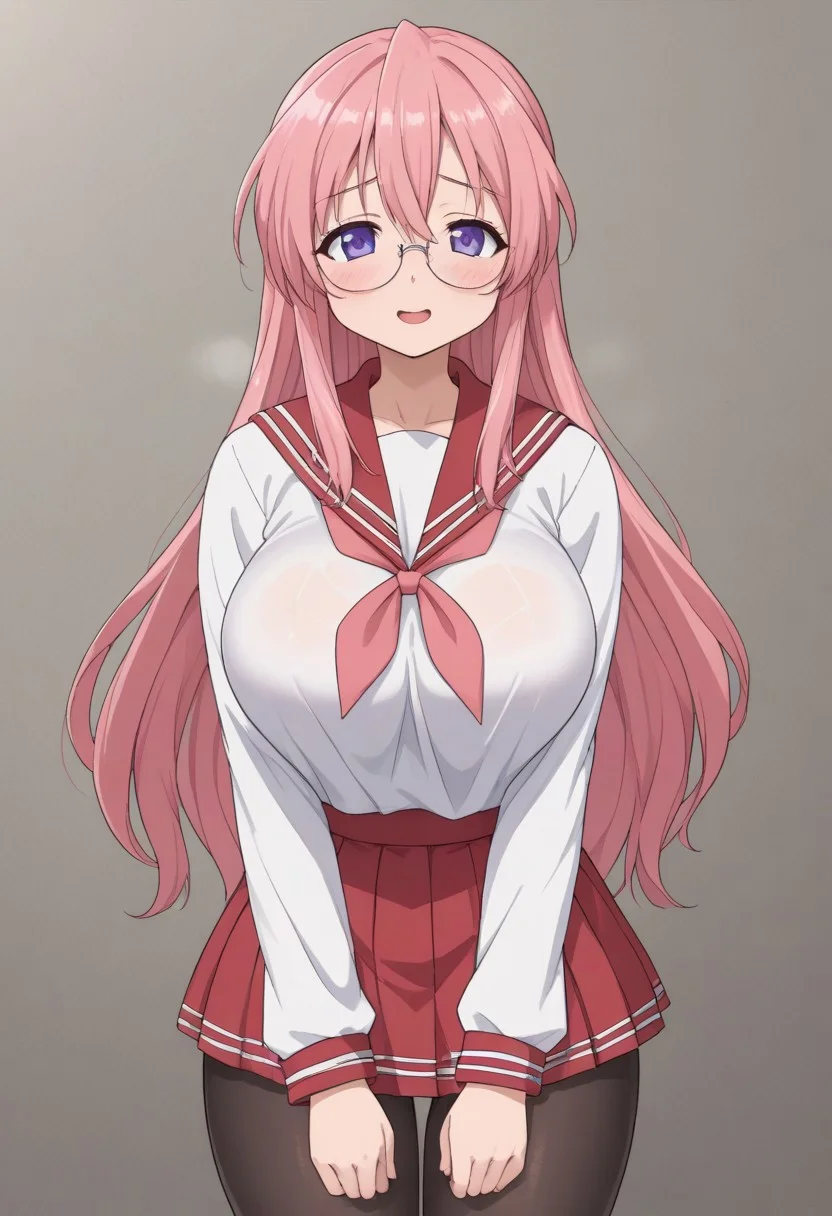 indoor, midnight, Health room, 
8k, super high vision:, intricate details, Super high quality, Super high resolution, masterpiece, full color, 
anime art, animation, 
beautiful breasts, huge breasts, 
super cute girl, super cute face, narrow waist, 
sweat, shiny skin, wet hair, wet body, droplet, 
looking at you sexually, sexually excited state, heterosexual, gonzo, 
smug, open your mouth, sigh, long breath, blush, bitch, 
standing, 
sailor collar, uniform, red skirt, pink neckerchief, mini skirt, black pantyhose, 
tiny hips, hips, thigh, 
miyuki takara, long hair, purple eyes, pink hair, glasses, cowboy shot, cowboy shot, cowboy shot,