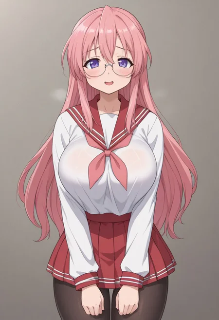 indoor, midnight, Health room,
8k, super high vision:, intricate details, Super high quality, Super high resolution, masterpiece, full color,
anime art, animation,
beautiful breasts, huge breasts,
super cute girl, super cute face, narrow waist,
sweat, shiny skin, wet hair, wet body, droplet,
looking at you sexually, sexually excited state, heterosexual, gonzo,
smug, open your mouth, sigh, long breath, blush, bitch,
standing,
sailor collar, uniform, red skirt, pink neckerchief, mini skirt, black pantyhose,
tiny hips, hips, thigh,
miyuki takara, long hair, purple eyes, pink hair, glasses, cowboy shot, cowboy shot, cowboy shot,