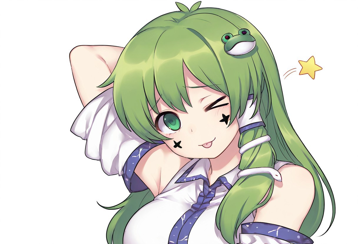best quality, hires, upper body,
1girl, solo, kochiya sanae, raised inner eyebrows,
arm behind head, :p, one eye closed,
wink star, > o,
head tilt,
cross facepaint, cross,
looking at viewer,