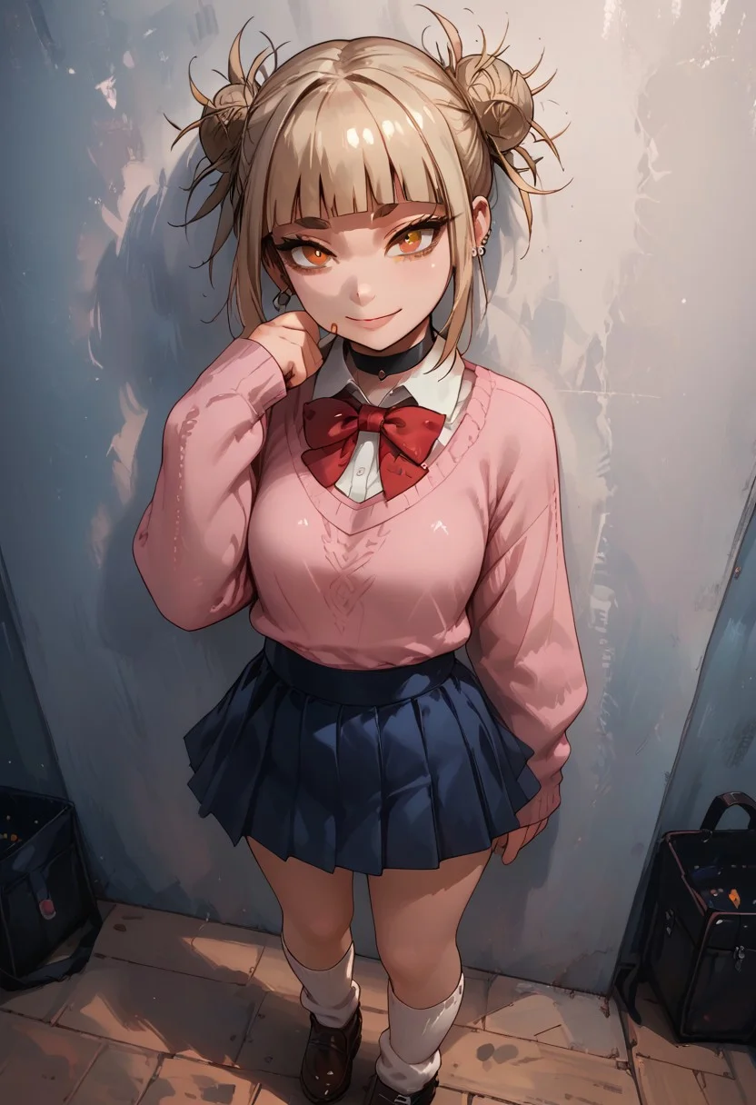 score_9, score_8_up, score_7_up, score_6_up, Masterpiece, beautiful, semi realistic, perfect eyes, perfect face, sexy, ChopioMomo (brown hair, short hair, hair between eyes, thick eyebrows, red eyes, looking at viewer, medium breast, narrow waist, outfit_1, earrings, black choker, pink sweater, collared shirt, open collar, red bowtie, loose bowtie, long sleeves, blue skirt, pleated skirt, miniskirt, kneehighs, white socks, loose socks, uwabaki, petite body), standing, leaning against wall, smiling, full body, face focus, classroom, day, beautiful cinematic lighting, volumetric lighting, dramatic lighting, view from above <lora:g0th1cPXL:0.4> <lora:himiko-toga-s5-ponyxl-lora-nochekaiser:1>, himiko toga, bangs, blonde hair, yellow eyes, blunt bangs, hair bun, double bun, messy hair, g0thicPXL <lora:princess_xl_v2:1>