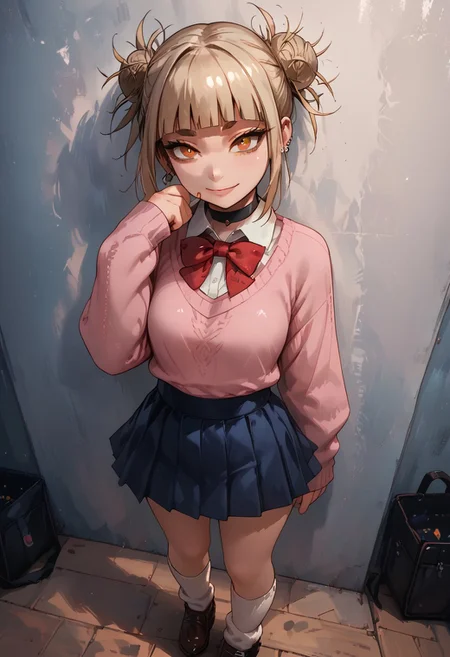 score_9, score_8_up, score_7_up, score_6_up, Masterpiece, beautiful, semi realistic, perfect eyes, perfect face, sexy, ChopioMomo (brown hair, short hair, hair between eyes, thick eyebrows, red eyes, looking at viewer, medium breast, narrow waist, outfit_1, earrings, black choker, pink sweater, collared shirt, open collar, red bowtie, loose bowtie, long sleeves, blue skirt, pleated skirt, miniskirt, kneehighs, white socks, loose socks, uwabaki, petite body), standing, leaning against wall, smiling, full body, face focus, classroom, day, beautiful cinematic lighting, volumetric lighting, dramatic lighting, view from above <lora:g0th1cPXL:0.4> <lora:himiko-toga-s5-ponyxl-lora-nochekaiser:1>, himiko toga, bangs, blonde hair, yellow eyes, blunt bangs, hair bun, double bun, messy hair, g0thicPXL <lora:princess_xl_v2:1>