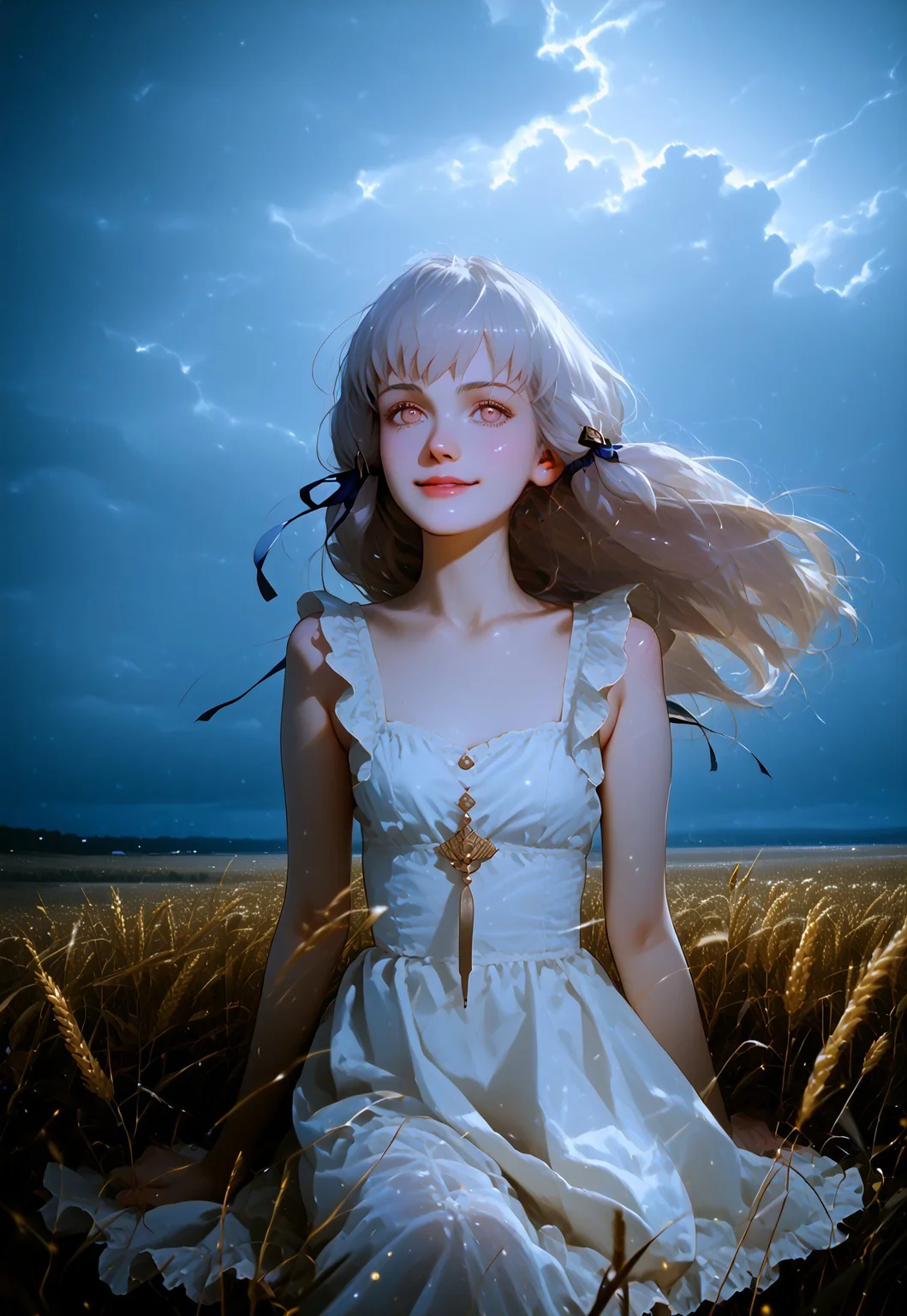 safe_pos, 1girl, lysithea von ordelia, fire emblem three houses, ,, , , dainty hands, girly hands,, , , , solo, , BREAK score_9, source_anime, score_8_up, score_7_up, (cool colors:1.2), highly detailed, aesthetically pleasing,, smile, overcast, stormy, thunderclouds, , , , petite, sundress, detailed face, detailed eyes, thin waist, , , small breasts, , , detailed eyes, outdoors, wheat field, dark sky, moody atmosphere, sitting, flowers, detailed face, pink lips, pale skin, detailed skin, beautiful face, beautiful eyes, cool color palette, dark lighting, moody, overcast sky, windy, wind