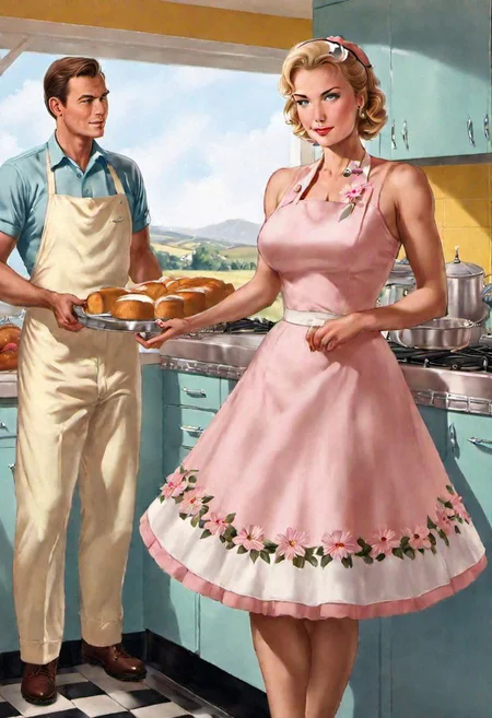 2 people mikay page woman, in a pink flower dress, An evocative scene set in a 1950s kitchen, filled with pastel hues that transport us to a bygone era. In this charming vintage kitchen, a woman is captured in the midst of baking a loaf of bread, standing next to a man dressed in a retro suit, embodying the timeless domesticity and warmth of the 1950s.