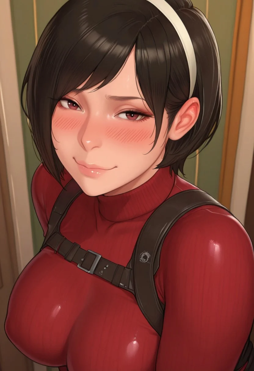 masterpiece, best quality, amazing quality, ultra detailed, artist:moriimee, realistic, woman, short hair, bangs, white hairband, ada wong, resident evil 4 (remake), looking at viewer, red sweater, turtleneck, skin tight, shoulder holster, shy, blush, wavy mouth, happy, smile, [[Yor briar]]
