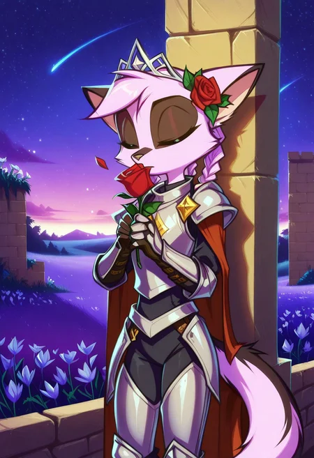 Dreamkeepers,1girl,Prelude_Vi,solo,furry,tail,source_furry,hazel eyes,
child,
leaning against wall, holding a rose, smelling rose, cowboy shot, warrior girl, knight, plate armor, shoulderpads,  armored pants, body suit, cloak, decorated cape, decorated armor, gemmed armor, gauntlets, steel gauntlets, fur, armored legwear, lace trim, closed eyes closed mouth braids, tiara, flower, flowers in hair, hair ornament, long hair, looking at viewer, object namesake, outdoors, stone wall, mossy wall, winding path, meadow scenery, meadow, mossy stones, flowers, rose petals, night, star \(sky\), starry sky
