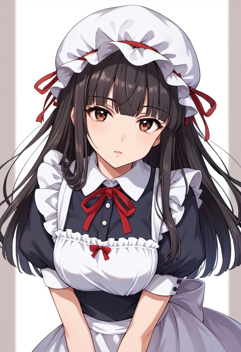 score_9, score_8_up, score_7_up, source_anime, kurokawa chiaki, long hair, black hair, brown eyes, 1girl, solo, hat, mob cap, looking at viewer, apron, maid, ribbon, puffy sleeves, short sleeves