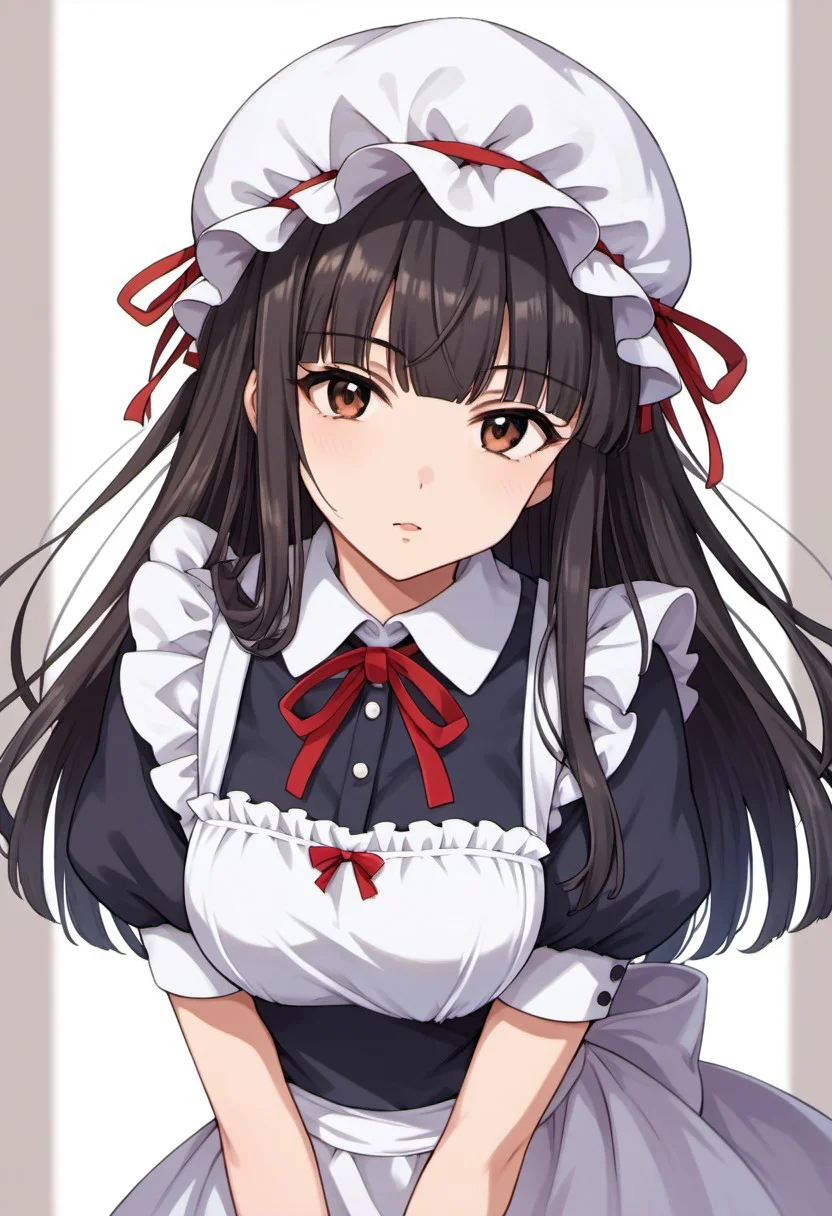 score_9, score_8_up, score_7_up, source_anime, kurokawa chiaki, long hair, black hair, brown eyes, 1girl, solo, hat, mob cap, looking at viewer, apron, maid, ribbon, puffy sleeves, short sleeves