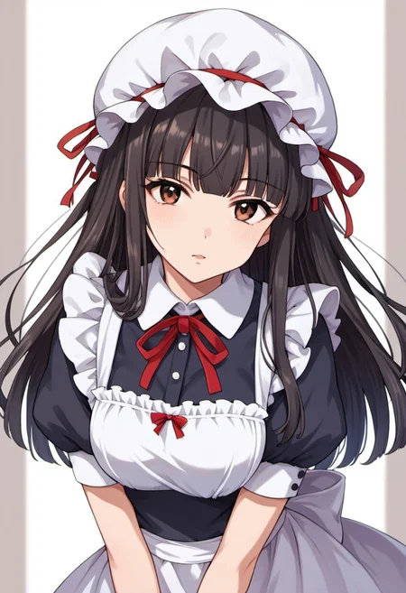 score_9, score_8_up, score_7_up, source_anime, kurokawa chiaki, long hair, black hair, brown eyes, 1girl, solo, hat, mob cap, looking at viewer, apron, maid, ribbon, puffy sleeves, short sleeves