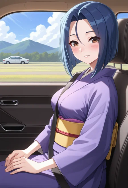 masterpiece, best quality, amazing quality, 1girl, solo, renww, brown eyes, blue hair, medium hair , parted bangs, forehead, medium breasts, japanese clothes, purple kimono, obi, sash, <lora:Seto_Ren_Seto_no_Hanayome_ill_v10:0.9>, from side, strap between breasts, between breasts, seatbelt, sitting on car seat, blush, smile, parted lips, looking at viewer, car interior, car seat, ground vehicle, motor vehicle, car, cloud, blue sky, skindentation, detailed clothing folds, depth of field, sharp, high contrast, dynamic light