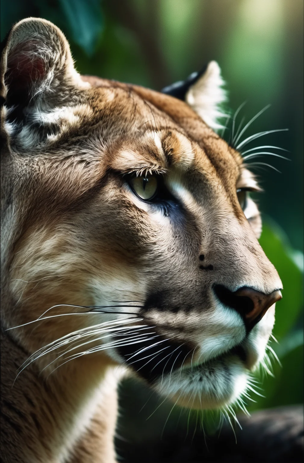 award winning wildlife (medium long shot:1.4), 35mm film movie still, ultra photorealistic, photorealism, (upper profile) shot of a defeated old cougar in pain with the (sunken head:1.4) mourning (looking depressed down:1.2), (glossy eyes) cinestill, film grain, taken with hasselblad H6D 100c, the HCD 24mm lens, hazy mood, cinematic dramatic lighting, cold muted colors, (DOF:1.4), (dark lush jungle background), sharp focus, (perfect real extremely details), amazing fine detail, absurdres, hyper realistic lifelike texture, dramatic lighting