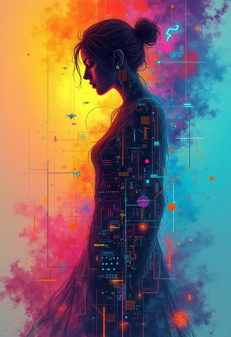 Abstract drawing, the woman's silhouette barely perceptible, soft ghostly outline dissolving into the background, a stunning explosion of colors—vivid oranges, azure blues, hot pinks, neon purples, and electric greens swirl and flow like liquid, merging in chaotic yet harmonious waves. Futuristic elements emerge—floating geometric shards, neon circuitry spiraling in and out of focus, holographic patterns shifting, glowing abstract symbols flickering. The silhouette hints at a figure, abstract lines suggesting arms and a face, but it’s fragmented, almost dissolving. Neon streaks of light burst from the silhouette, merging into a fractal network of wires and glitching data streams. Fragmented cityscapes and neon billboards peek through the chaos, distorted and bending like reflections in a rippling surface. Floating orbs, futuristic drones, and holographic dragon shapes twist through the vibrant scene, dissolving into waves of energy. Psychedelic layers pulse with brightness, creating depth. The entire scene radiates energy, dreamlike and disorienting, an abstract fusion of digital beauty and chaos.