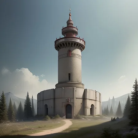 realistic analog photo, award winning photo, vary wide shot of (authoritarian) Cement:1.3 witow (Military watchtower):1.3, fort, building, scenery, dirt path, (on a hilltop), nature, outdoors, RAW, highres, 8k, uhd, High Dynamic Range, tonemapping, crisp details,