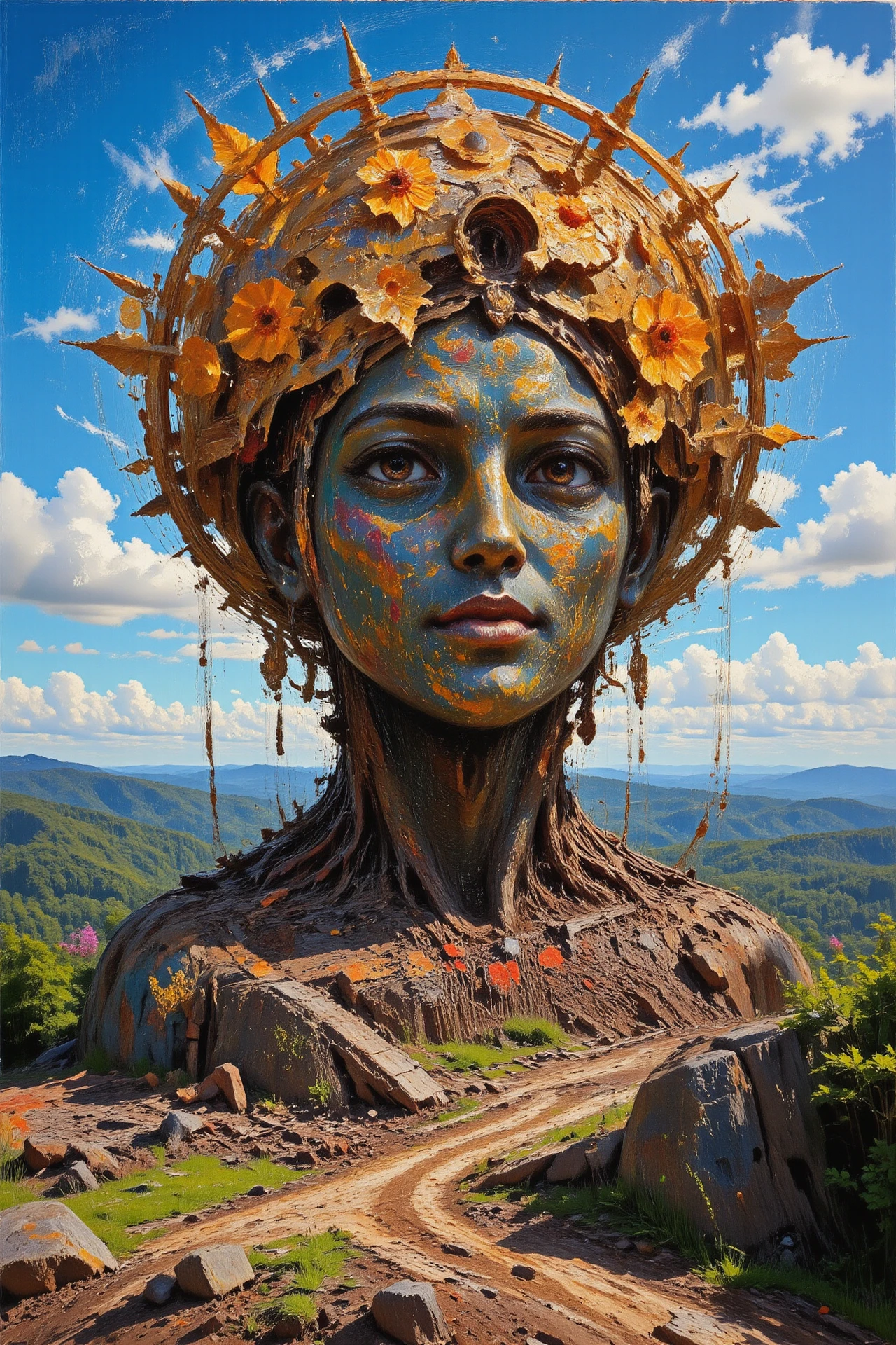 (construction site) Palauan morning, beautiful landscape, woman, intricate, very detailed, sharp, colorful, multilayer surreal painting, <lora:Hand v2:1> <lora:Anti-Blur:1> <lora:Insane Detail Slider:0.5>   <lora:Flux.1_Turbo_Detailer:0.6> <lora:flux-photo-transparent_Alpha_1.0:0.8> <lora:flux.1_lora_flyway_Epic-detail_v2:0.6> <lora:Painterly01b_CE_FLUX_AIT:1> pntrlyCE_style, <lora:VividlySurreal:0.8>