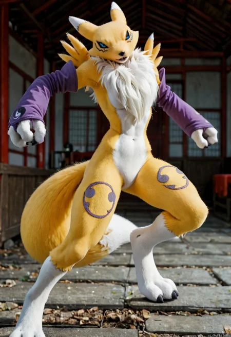 score_9, score_8_up, score_7_up, score_6_up, score_5_up, score_4_up, BREAK, renamon, digimon (creature), furry, fox ears, black sclera, blue eyes, white fur, yellow fur, body fur, gloves, black claws, fox tail, ninja pose, arched back