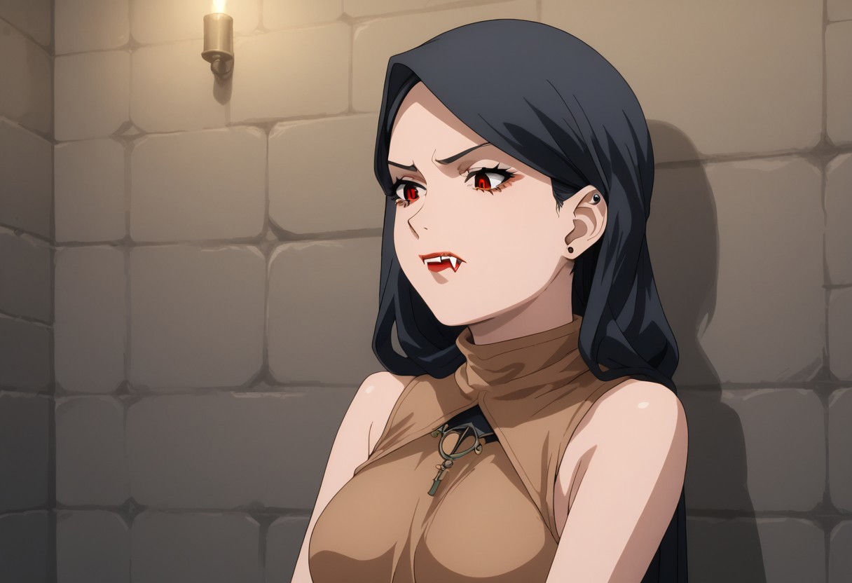 score_9, score_8_up, score_7_up, score_6_up, score_5_up, score_4_up, source_explicit, BREAK, solo:1.6, 1girl, vampire, black hair, red eyes, brown cloth tube-tob, midriff,  (dungeon background:1.5), (long black hair sticking out from black hijab:), long black hair:1.7,  sleeveless, vampire fangs, , pale skin, , sm_an_stl, source_anime, anime screencap, anime, animification, BREAK,  , hijab , ((brown hemp top)), ((brown hemp clothing)),  stone walls, wall torches, bangs sticking out from hijab, stern expression,,  standing, bending down, discovering foot prints, investigating, looking down, thinking, cowboy shot , stone brick  well, (zoom out), establishing shot,