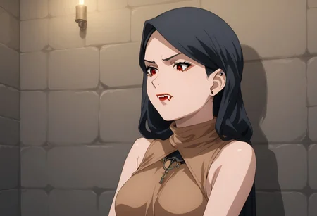 score_9, score_8_up, score_7_up, score_6_up, score_5_up, score_4_up, source_explicit, BREAK, solo:1.6, 1girl, vampire, black hair, red eyes, brown cloth tube-tob, midriff,  (dungeon background:1.5), (long black hair sticking out from black hijab:), long black hair:1.7,  sleeveless, vampire fangs, , pale skin, , sm_an_stl, source_anime, anime screencap, anime, animification, BREAK,  , hijab , ((brown hemp top)), ((brown hemp clothing)),  stone walls, wall torches, bangs sticking out from hijab, stern expression,,  standing, bending down, discovering foot prints, investigating, looking down, thinking, cowboy shot , stone brick  well, (zoom out), establishing shot,