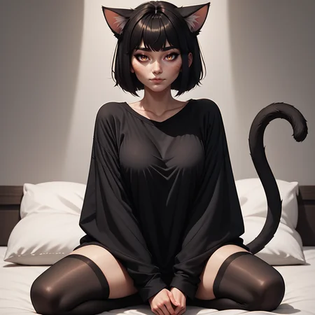 score_9, score_8_up, score_7_up, score_6_up, score_5_up, score_4_up, 1 girl, catgirl, cattail, miko, sitting on a bed, full body, Jed-ovrszd, black oversized shirt, black stockings, long sleeves , <lora:Oversized_epoch_3:0.7>