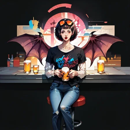 score_9, score_8_up, score_7_up, BREAK, 
1girl, solo, Highly detailed, s4b, ohyaP5, short hair, bob cut, sunglasses on head, lipstick, black t-shirt, clothes writing, layered sleeves, jeans, w1ngs, (demon wings), atmospheric, dark, ddpapa, concept paint, abstract art, 
At a bar, sitting on barstool, beer in hand,