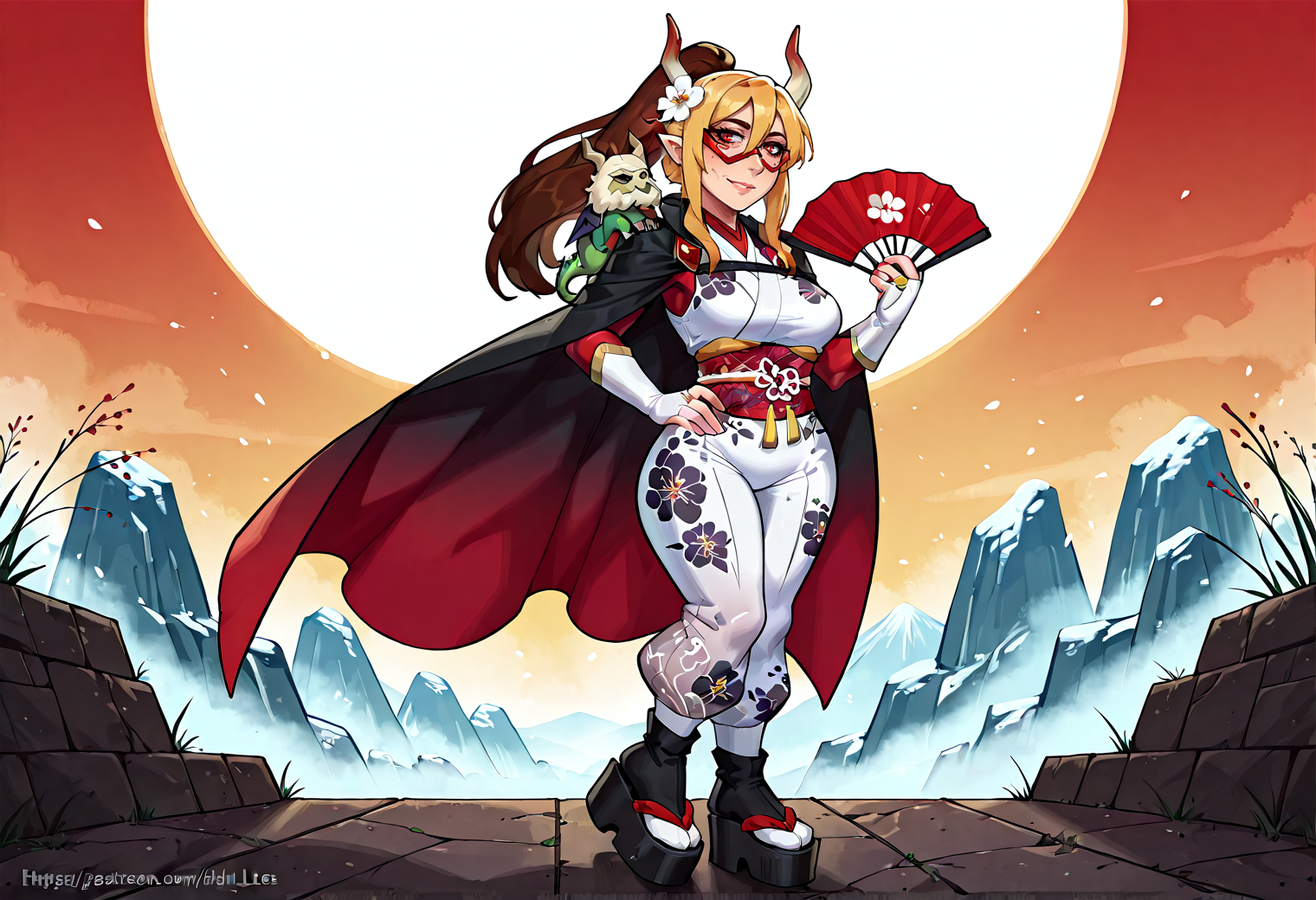 IllustriousQual, <lora:StS-Illustrious-Detail-Slider-v1.0:2> <lora:cfg_scale_boost:0.3> <lora:StS_Age_Slider_Illustrious_v1:3>,detailed_background,outdoors,pointy ears,obi,red gemstone,long hair,floral print,solo,hair between eyes,horns,full body,brown hair,hair flower,ripley ryan,highres,looking at viewer,sleeveless bodysuit,dragon girl,bridal gauntlets,brown eyes,web address,white gloves,gradient kimono,gradient clothes,white bodysuit,two-sided cape,white flower,socks,floating hair,gem,platform footwear,white socks,blonde hair,hand fan,red bodysuit,red cape,mask,ponytail,hand on own hip,1girl,in-hyuk lee,kimono,animal on shoulder,animal,black shawl,smile,red mask,sidelocks,new year,two-sided fabric,hair ornament,black footwear,domino mask,cape,flower