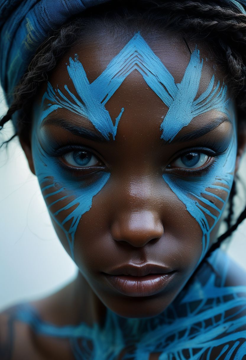 Close-up face, mysterious silhouette of an exotic coloured girl in worn down clothing, light blue war-paint over eyes only, goddess, alluring, by Minjae Lee, Carne Griffiths, Emily Kell, Steve McCurry, Geoffroy Thoorens, Aaron Horkey, Jordan Grimmer, Greg Rutkowski, amazing depth, double exposure, surreal, geometric patterns, intricately detailed, bokeh,  perfect balanced, deep fine borders, artistic photorealism , smooth,  great masterwork by Suiras  <lora:add-detail-xl:2>  <lora:Double_Exposure:0.5>