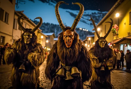 A scene of three Krampus figures standing in a village square with large, decorated bells and glowing eyes, watching the village below, under flickering torchlight, with snowflakes gently falling, creating a sense of foreboding magic, in sharp focus, with crisp details, and a freeze-frame effect.<lora:bv-krampus-v1.safetensors:1.0:1.0>