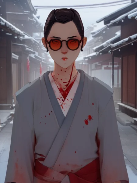 full color drawing of Mizu, sunglasses, blood,makeup,looking down,blood on face,blood on clothes,wearing a grey hanten, empty street, Edo period, full body, epic character composition,by ilya kuvshinov, manon bailly, drawing <lora:BlueEyeSamurai:1> <lora:epiNoiseoffset_v2:1>