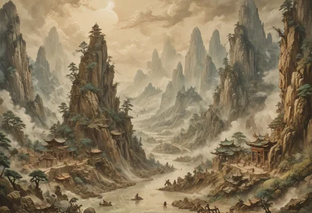 (Ink illustration on parchment, watercolor, ink splashes, Ukiyo-E). ((watercolor)), ((Chinese landscape)), Pagodas, Red-Trees, landscape focus, small figure off-side, Chinese Mountains, Rivers, Clouds, with watercolor washes, (((verdant green landscape))), (((mist, waterfalls))), trees, lush foliage, endless karth mountains that stretch outward to the horizon, a lone woman traversing the landscape!! wearing a bright blue cloak to make the miniscule figure stand out in a landscape dotted with the ruins of an ancient destroyed civilisation, crumbling stone, degraded buildings and temple, a long magical aurora borealis stretching across the sky, a broken moon high in the sky partially turned into an asteroid belt, a Saturn-like ringed-planet world, flickers of magical energy illuminating the land, in the far distance a giant wall of smoke is rising from the shattered earth in which a multitude of faces are forming and screaming, Ink splashes, rough ink sketch, Ghibli style, high contrast, stylized, dark skin, close up on face, head and shoulder, leather medieval top with lowered hood, Art Nouveau Style, detailxl, BadDream, dioramas,