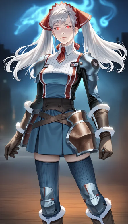 score_9,score_8_up,score_7_up,
(realistic:1.2),analog photograph,(bloom:1.2),highly detailed,highres,photorealism,perfect face,
<lora:aliciamelchiott>,aliciamelchiott,1girl,solo,
awakened valkyria,white hair,twintails,headdress,
red eyes,glowing eyes,
military uniform,white collar,red necktie,armor,brown gloves with fur trim,brown belt,dark blue skirt,dark blue thighhighs,knee boots with fur trim,
full body,(body edge glowing blue light:1.4),
battle ground,dark,night,tank,
vignetting,blurry background,