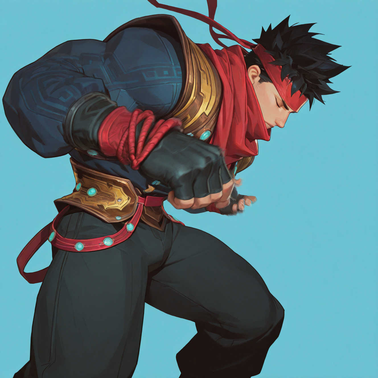 <lora:SWORD_MASTER:1>sword_master, solo, short hair, black hair, 1boy, gloves, jacket, male focus, black gloves, pants, belt, fingerless gloves, scarf, vest, muscular, black pants, headband, muscular male, blue jacket, spiked hair, beard, red scarf, covered mouth, red headband, red bandana, instagram username, closed eyes, armor, blue background, bandages, fighting stance, motion blur, film grain, abstract, natural lighting, fantasy, cinematic, dynamic, very awa, masterpiece, best quality, absurdres, newest, perfect quality, detailed background, intricate details, (artist:fl \(l-fl\):0.7), (artist:tooboshoo:0.7), (artist:dizdoodz:0.8)