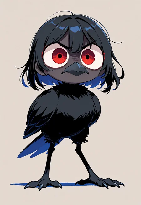 masterpiece, best quality, simple illustration, 1crow, full body, huge eyes, loocking away angry, cute, vivid colors,