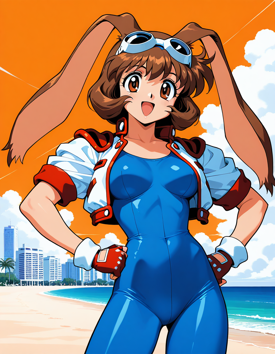 masterpiece, best quality, good quality, <lora:Makihara_Arina_IS:1>Makihara_Arina, brown hair, animal ears, goggles on head, rabbit ears, brown eyes,   medium breasts,
1girl, solo, cropped jacket, gloves, fingerless gloves, smile, hand on hip, orange background, open mouth, blue bodysuit, 1990s (style), bodysuit, jacket, 
looking at viewer, :d, cowboy shot
blue sky, beach, building, clouds,