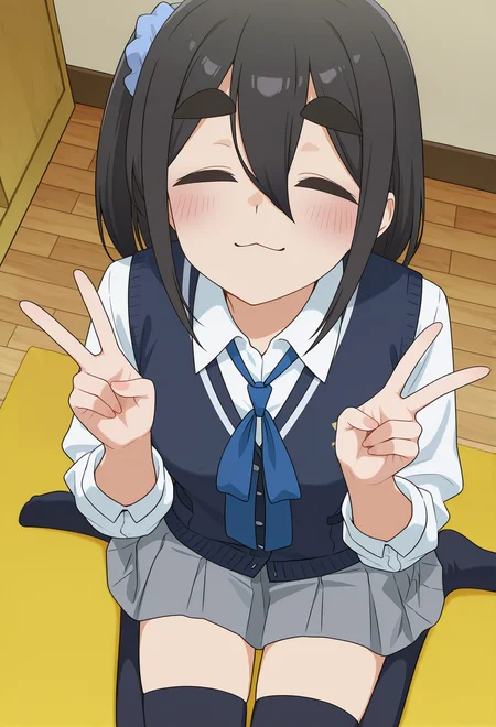 <lora:Satsuki AMAMIYA_illustrious-000056:1>,
Satsuki AMAMIYA,side ponytail,blue scrunchie,thick eyebrows,white shirt,blue necktie,pleated skirt,vest,black thighhighs,
solo,scrunchie,shirt,blush,collared shirt,hair ornament,closed mouth,vest,school uniform,necktie,indoors,double v,closed eyes,:3,wariza,from_above,head up