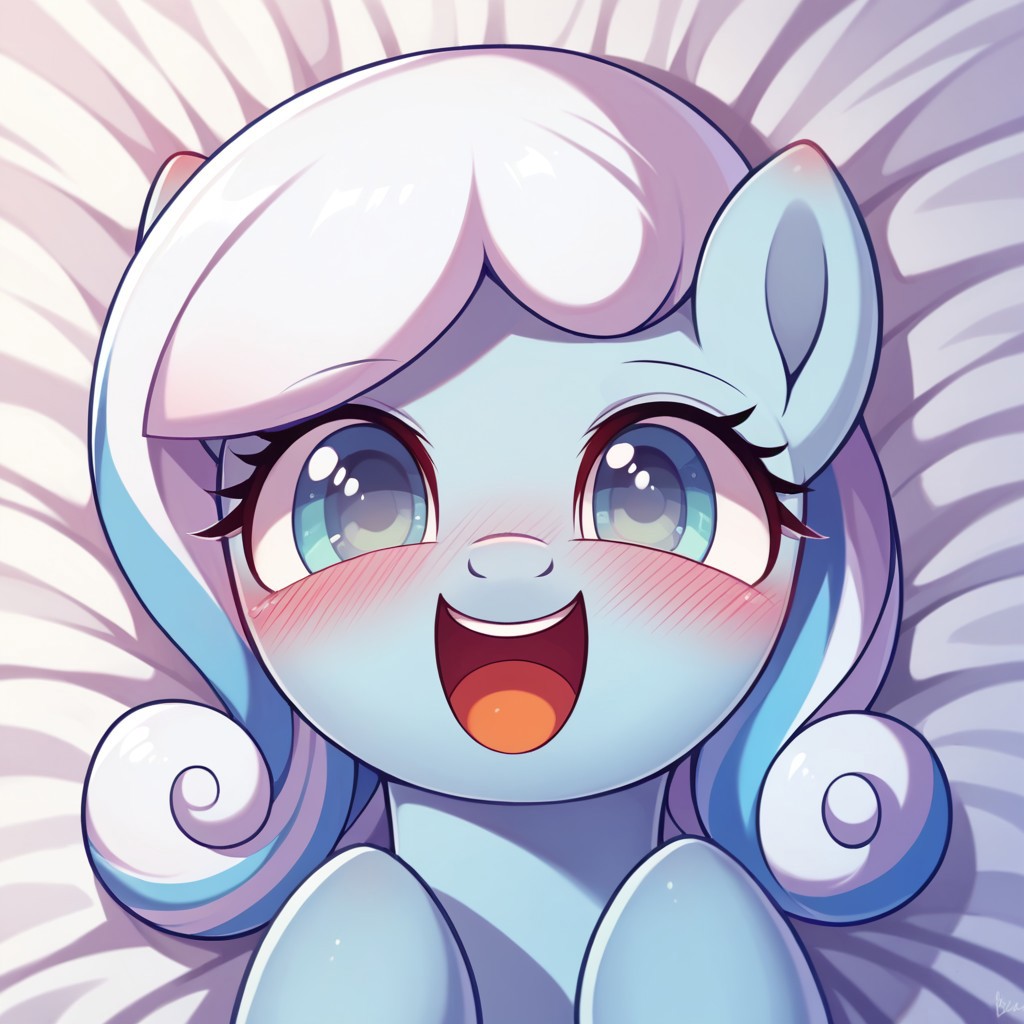 score_9, score_8, score_7, source_pony, snowdrop, POV, looking at viewer, blush, smile, open mouth, upper teeth only
