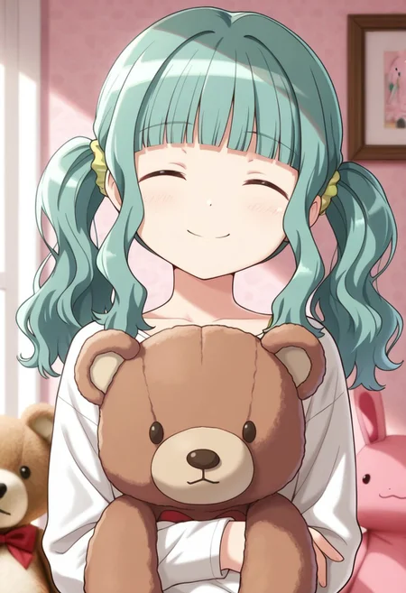 masterpiece,best quality,amazing quality, futaba sana, green hair, twintails, 1girl, stuffed animal, stuffed toy, solo, hair down, blunt bangs, closed eyes, wavy hair, smile, upper body, facing viewer, long hair, teddy bear, dot nose