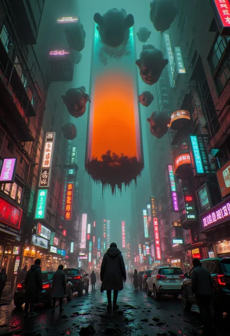Floating Chaos, buildings, cars, people, nothing obeys gravity anymore. They hover, weightless, like forgotten memories. gantz-advancedsuit, osaka \(city\), doutonbori, midnight, neon sign, gantz advanced suit, orange sphere in background, highly detailed, high budget, cinemascope, moody, epic, gorgeous, film grain, grainy, Jagged rips in space-time, pulsating with the sickly glow of neon, electric blue, or radioactive green, synthetic mist, hiding secrets, silhouettes, and the occasional ghost of the old world. neon-mist, MidJourney