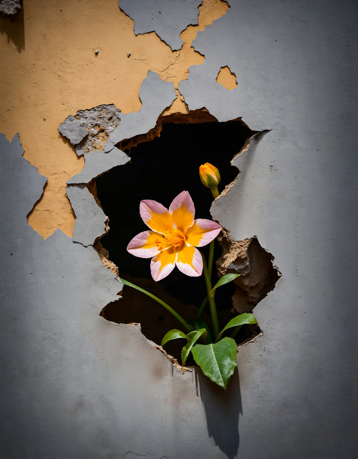 zavy-hlbckdrp, macro shot of a flower growing out of hole in concrete wall, 100mm f/2.8 macro lens,