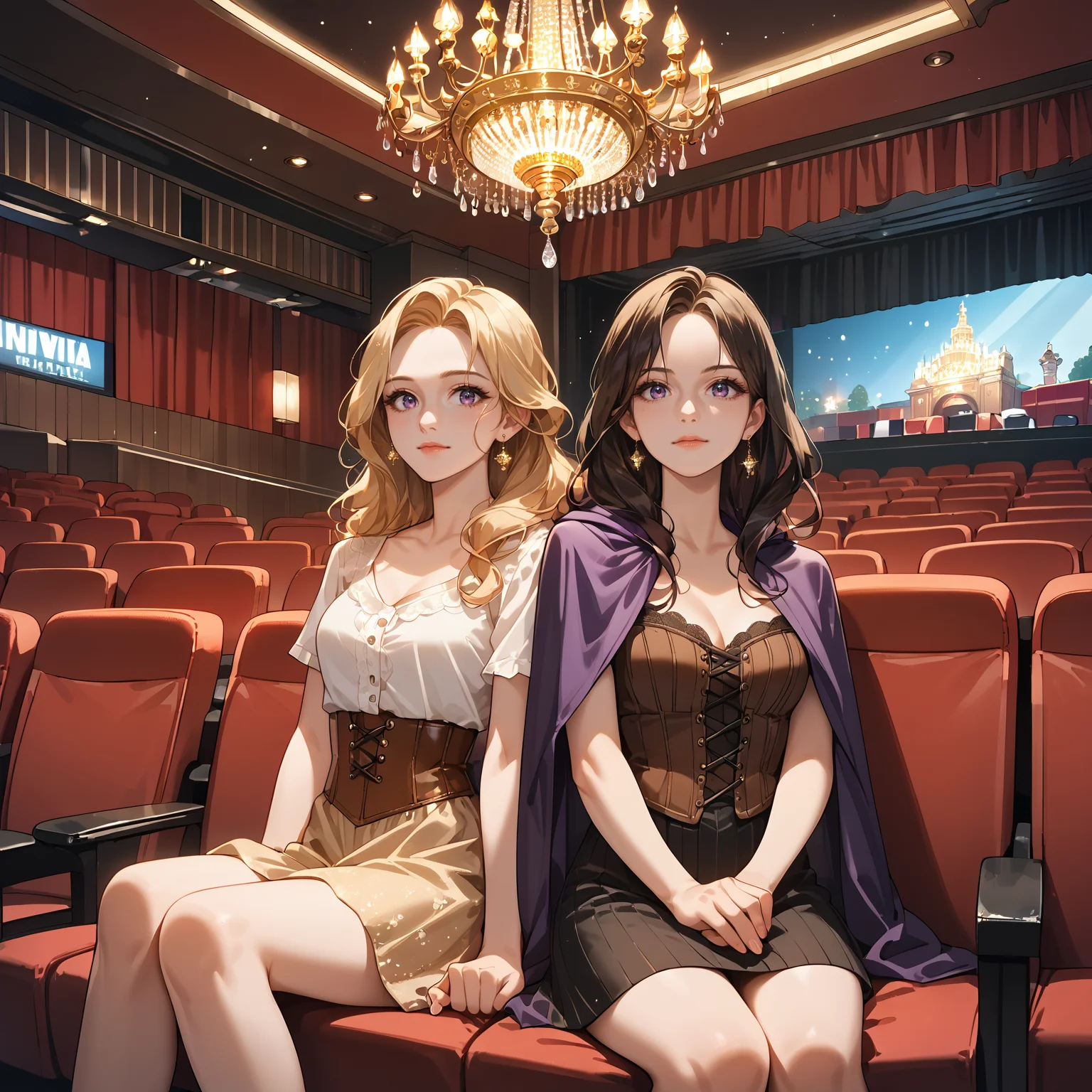 score_9, score_8_up, score_7_up,source_anime, <lora:Vintage movie theater:0.9> vinmotc, (movie theater:1.2), vintage, golden chandelier, wand lamps, 2girls, sitting, violet cloak, brown corset, casual white shirt, short sleeves, looking at viewer, <lora:age_slider_v4:2>