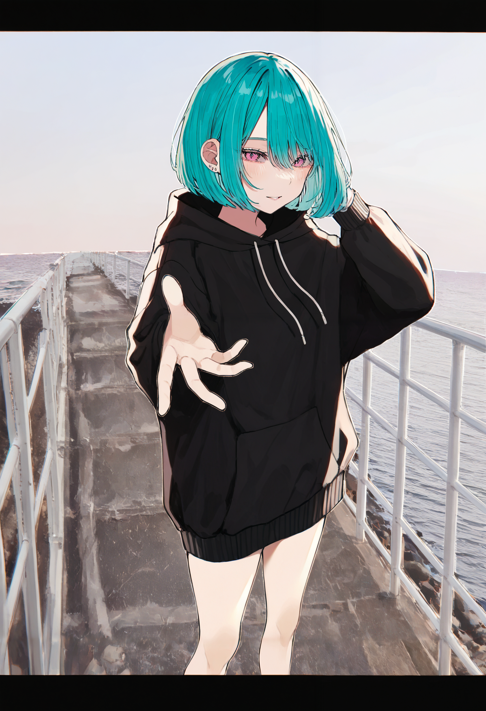 1girl, solo, aqua hair, hair between eyes, pink eyes, bob cut, stud earrings, hooded sweater, long sleeves, black shirt, feet out of frame, 
outdoors, ocean, sky, railing, bridge, horizon, outstretched arm, reaching towards viewer, hand in own hair, 
cinematic short, letterboxed, chromatic aberration, 
very awa, masterpiece, highres, amazing quality, newest, absurdres,
<lora:hamunezuko:0.9>,
 <lora:spo_sdxl_10ep_4k-data_lora_webui:0.75>