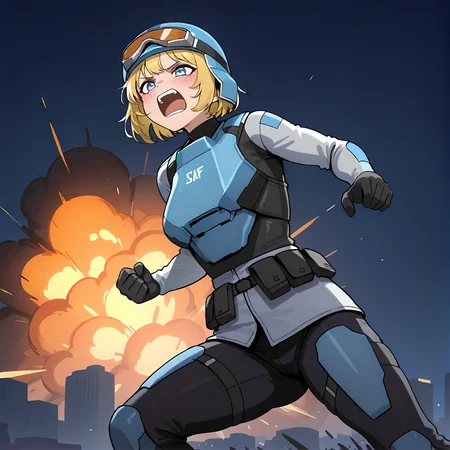 masterpiece, best quality, newest, absurdres, highres, very awa, 1girl, solo,  <lora:S.E.A.F_Girl:1>, seafgirl, short hair, blonde hair, cosplay, pouch, utility belt, helmet, goggles on head, screaming, determined, yelling, combat, explosion, multiple explosions, diving to the ground, blush, cityscape, action pose, dark, night, blue glow, orange glow