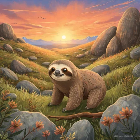 a Sloth in Alpine Tundra landscape at Sunset <lora:ILLUSTRE_v1:1>