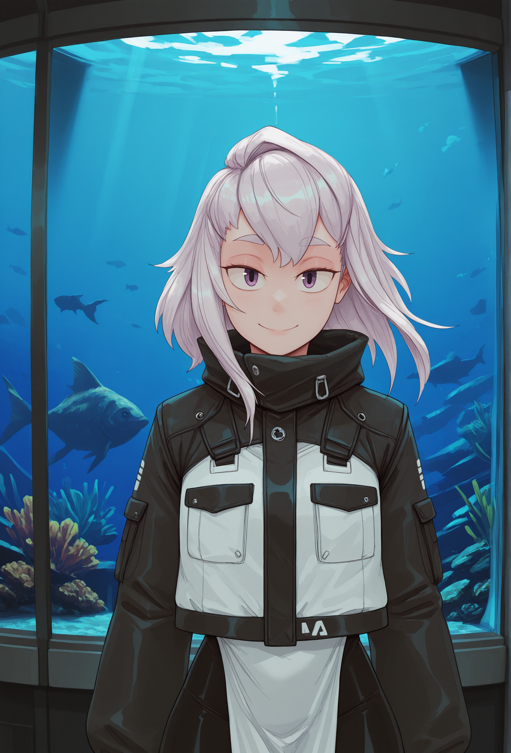 (masterpiece, best quality, very aesthetic, absurdres:1.2), 1girl, science fiction, aquarium, pale skin, white hair, straight-on, jacket, looking at viewer, smile, <lora:tytoalba_style_illustrious_v1:1> talbastyle