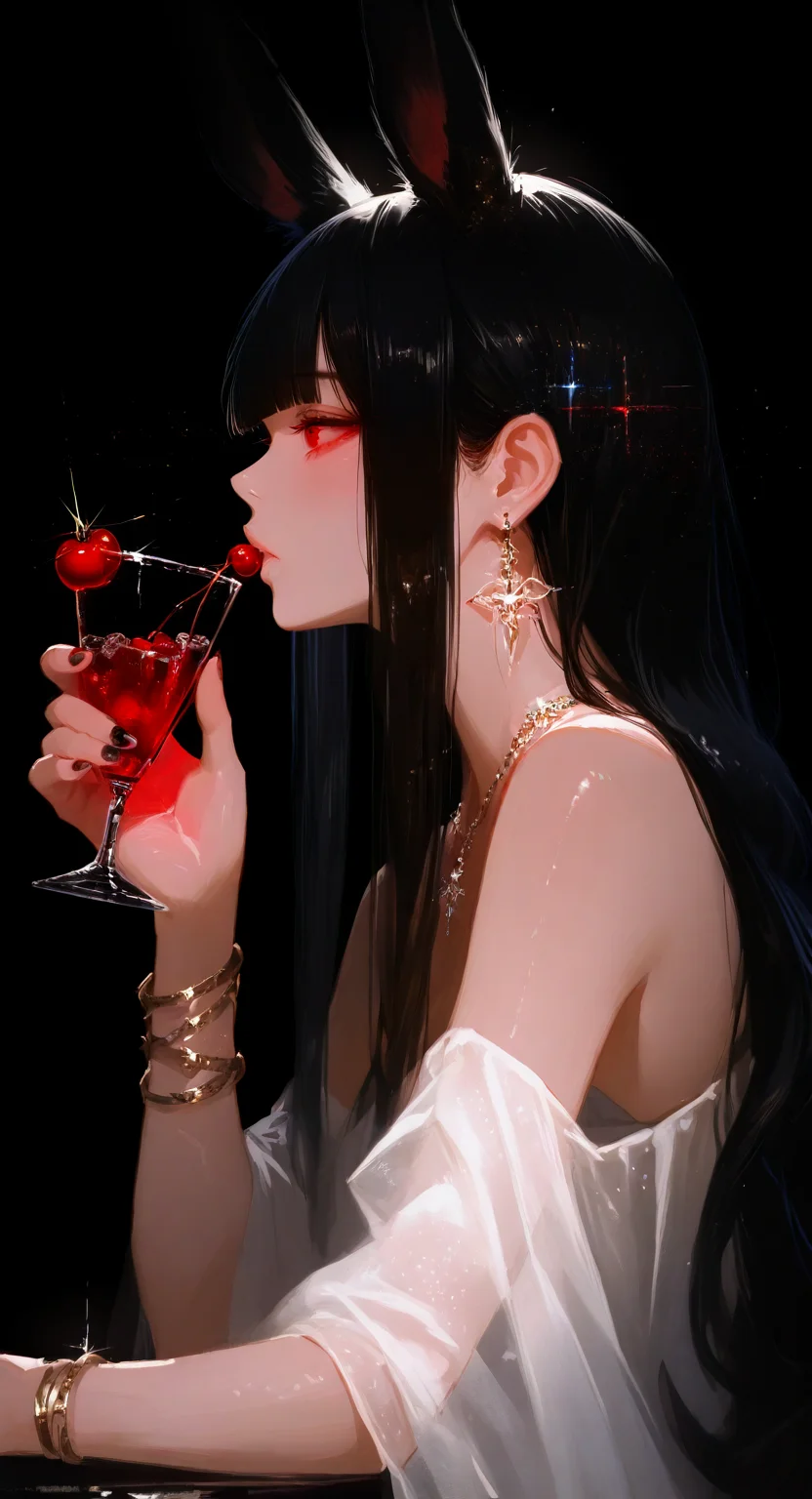 masterpiece, best quality, good quality, very aesthetic, absurdres, newest, 1girl, cosplay, realistic, animal ears, bangle, bare shoulders, black background, black hair, blunt bangs, bracelet, cherry, cocktail pick, cup, dispersion (optics), drinking glass, earrings, fingernails, food, from side, fruit, glint, holding, holding cup, jewelry, long hair, nail polish, necklace, rabbit ears, red eyes, ring, sidelocks, solo, sparkle, upper body <lora:ponyv5_noobV065S_1_adamW-000013:0.7> <lora:GBF_Illustrious:0.4> <lora:748cmSDXL:0.8>