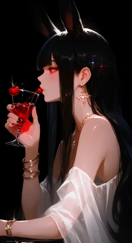 masterpiece, best quality, good quality, very aesthetic, absurdres, newest, 1girl, cosplay, realistic, animal ears, bangle, bare shoulders, black background, black hair, blunt bangs, bracelet, cherry, cocktail pick, cup, dispersion (optics), drinking glass, earrings, fingernails, food, from side, fruit, glint, holding, holding cup, jewelry, long hair, nail polish, necklace, rabbit ears, red eyes, ring, sidelocks, solo, sparkle, upper body <lora:ponyv5_noobV065S_1_adamW-000013:0.7> <lora:GBF_Illustrious:0.4> <lora:748cmSDXL:0.8>