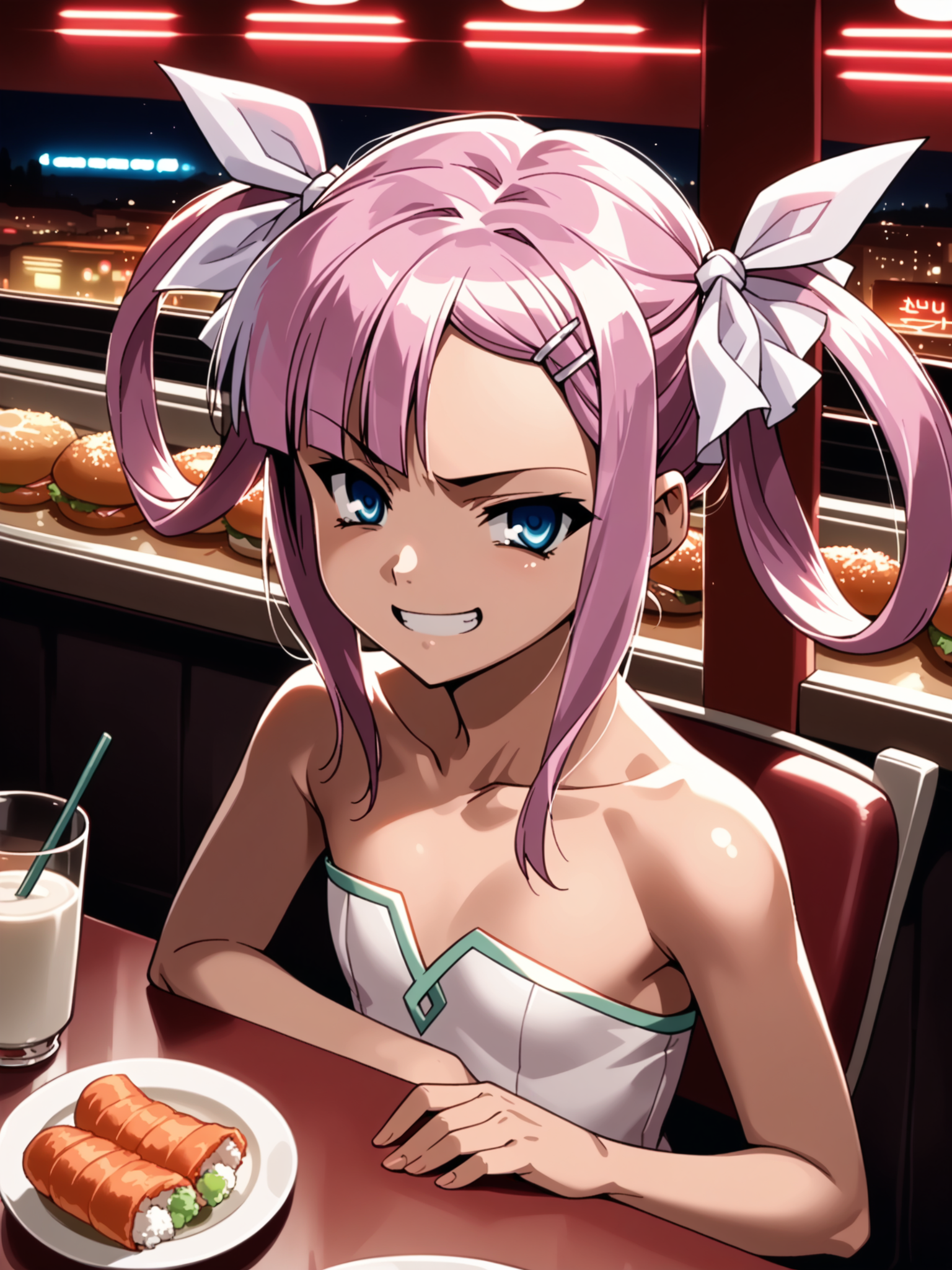 (upper body, solo:1.1) <lora:happy_tentacle-sonshoukou-v0.1-000012:0.9>, ht_sonshoukou, hair ribbon, hairclip, flat chest, (petite:1.2), <lora:Shed_The_Skin's StS_age_slider_v1_initial_release:1.1> ( (strapless :1.1) :1.1) ( ( head tilt :0.8) , , ( flustered :1.2) , evil smile , :1.2) , indoors, ((night, night sky :0.6), (blue sky:0.6) :0.8), ( :0.9), (furniture:0.9), , , , people , (modern architecture :0.8) , diner , (chair, table:0.5), (sushi , coffee :0.8) (( from above :1.3) :0.8) score_9, score_8_up, score_7_up, score_6_up, score_5_up, score_4_up, [(realistic, photorealistic:1.3):(realistic:1.2):14] [(3d:1.2)::12] <lora:LUUNA's Lunas-NijiJourney-SDXL-B2:0.35>, nijijourney <lora:prgfrg23's Counterfeit-V3.0 Style SDXL_LoRA_Pony Diffusion V6 XL:0.35> <lora:mfcg's mfcgXL:0.12> <lora:reweik's gyokai(himehajime)_PonyXL_style_v01:0.14>
