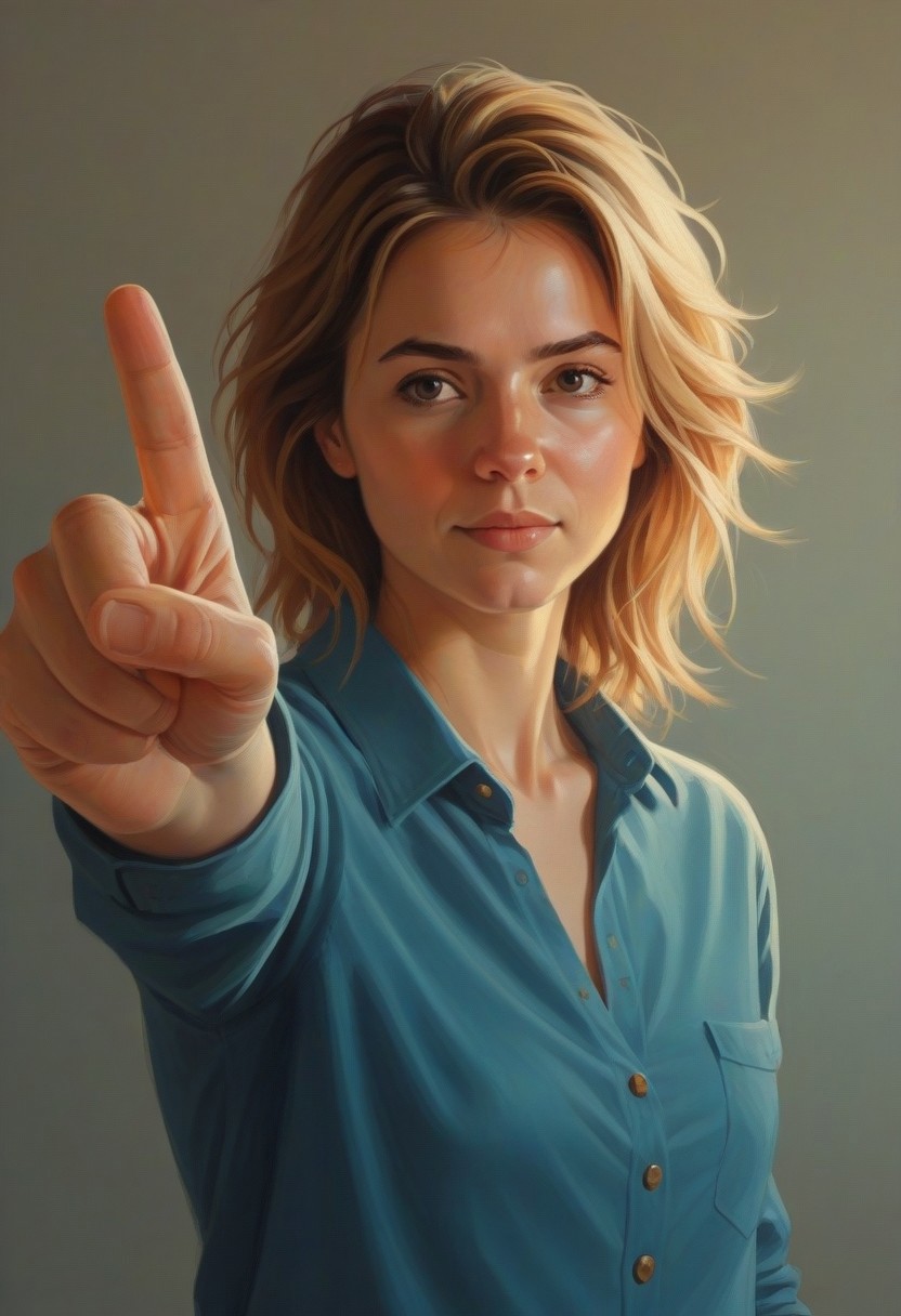 by Ian McQue and Sam Spratt,  <lora:EnvyStudioPortraitXL01:0.35> , portrait of  leu_hanna2, 25 yo, pointing a to a viewer