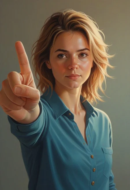 by Ian McQue and Sam Spratt, <lora:EnvyStudioPortraitXL01:0.35> , portrait of leu_hanna2, 25 yo, pointing a to a viewer